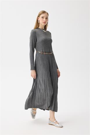 Mabel Pilise Detaylı Fitilli Triko Elbise-Antrasit