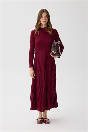 Mabel Pilise Detaylı Fitilli Triko Elbise- Bordo
