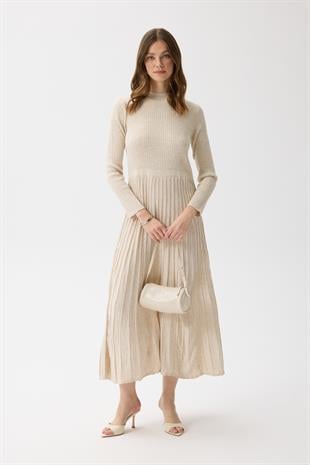 Mabel Pilise Detaylı Fitilli Triko Elbise- Taşlanmış Bej