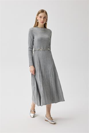 Mabel Pilise Detaylı Fitilli Triko Elbise- Gri
