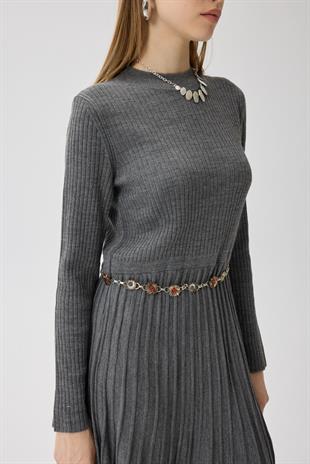 Mabel Pilise Detaylı Fitilli Triko Elbise-Antrasit