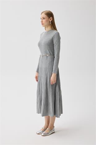 Mabel Pilise Detaylı Fitilli Triko Elbise- Gri