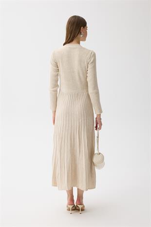 Mabel Pilise Detaylı Fitilli Triko Elbise- Taşlanmış Bej