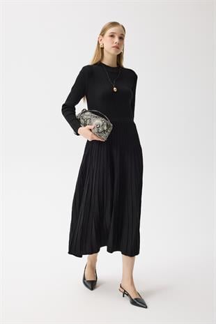 Mabel Pilise Detaylı Fitilli Elbise - Siyah 