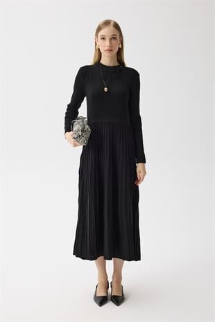 Mabel Pilise Detaylı Fitilli Elbise - Siyah 