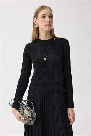Mabel Pilise Detaylı Fitilli Elbise - Siyah 