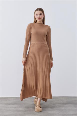 Mabel Pilise Detaylı Fitilli Elbise - Camel 