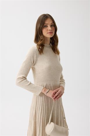 Mabel Pilise Detaylı Fitilli Triko Elbise- Taşlanmış Bej