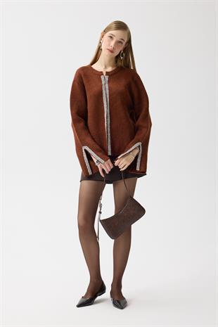 Madelyn Taş İşlemeli Hırka - Kahverengi 