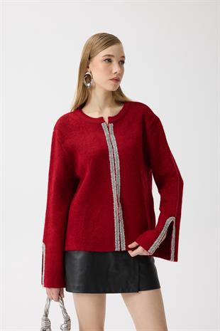 Madelyn Taş İşlemeli Hırka - Kırmızı