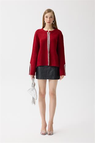 Madelyn Taş İşlemeli Hırka - Kırmızı