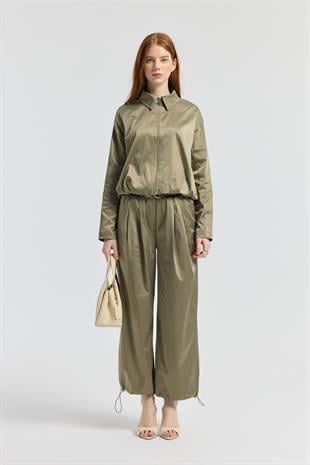 Marcelia  D Tokalı Pilili Saten Pantolon - Çağla