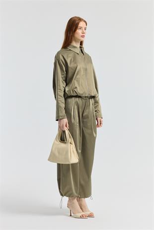 Marcelia  D Tokalı Pilili Saten Pantolon - Çağla