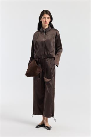 Marcelia  D Tokalı Pilili Saten Pantolon -  Acı kahve