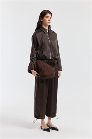 Marcelia  D Tokalı Pilili Saten Pantolon -  Acı kahve
