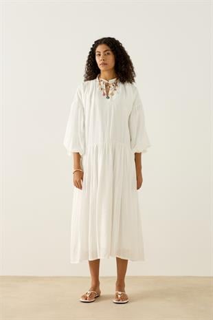 Margaret Robalı Balon Kol Elbise - Beyaz