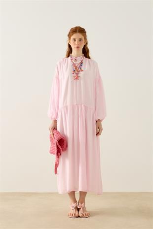 Margaret Robalı Balon Kol Elbise  - Pembe