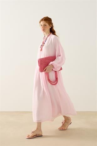 Margaret Robalı Balon Kol Elbise  - Pembe
