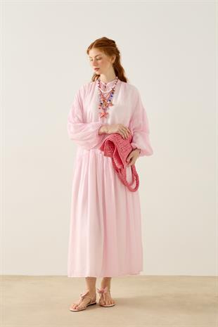 Margaret Robalı Balon Kol Elbise  - Pembe