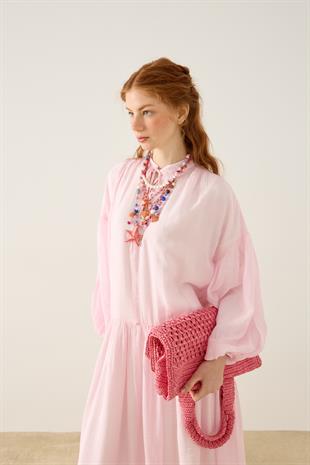 Margaret Robalı Balon Kol Elbise  - Pembe