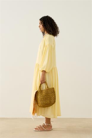 Margaret Robalı Balon Kol Elbise - Sarı