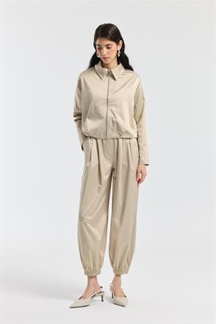 Maria Pileli Saten Bomber Ceket - Taş