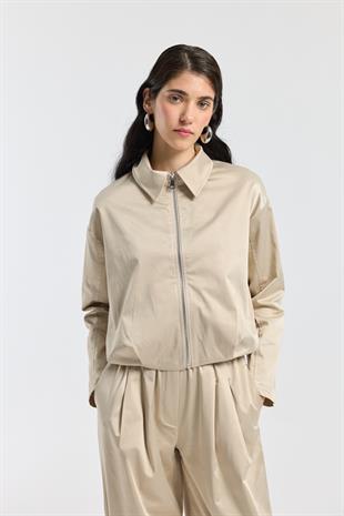 Maria Pileli Saten Bomber Ceket - Taş