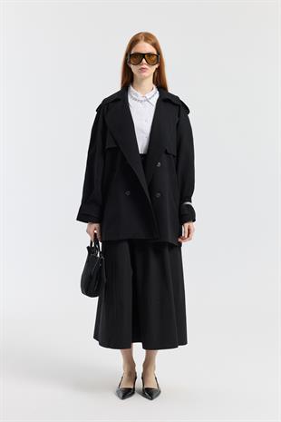 Mariella Aller Detaylı Deri Kemerli Trenç - Siyah