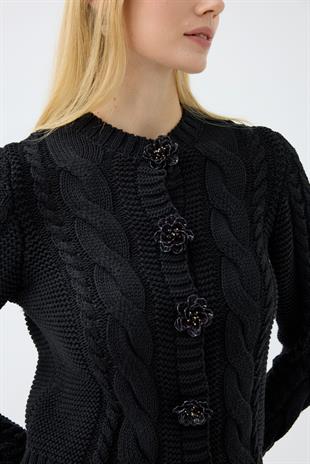 Marilyn Düğme Aksesuarlı Hırka - Siyah 