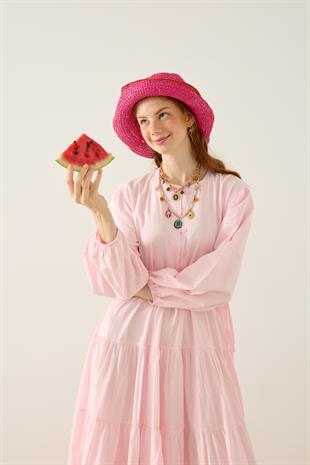 Mariposa Katlı Düğmeli Vual Elbise - Pembe