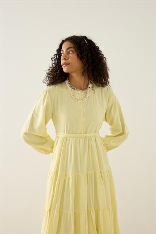 Mariposa Katlı Düğmeli Vual Elbise - Limon sarı