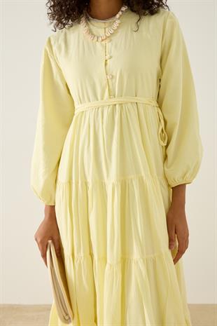 Mariposa Katlı Düğmeli Vual Elbise - Limon sarı