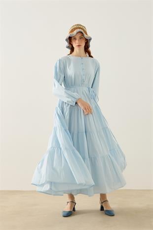 Mariposa Katlı Düğmeli Vual Elbise - Mavi