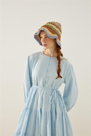 Mariposa Katlı Düğmeli Vual Elbise - Mavi