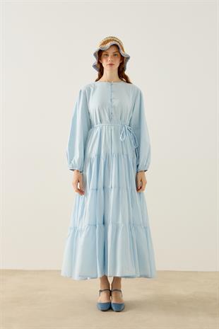 Mariposa Katlı Düğmeli Vual Elbise - Mavi