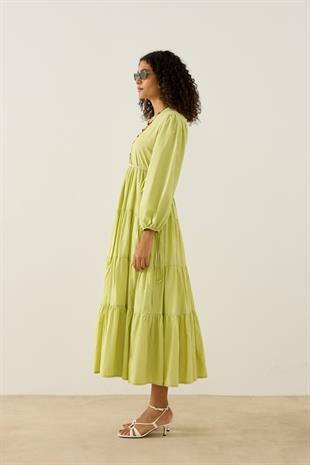 Mariposa Katlı Düğmeli Vual Elbise - Yeşil