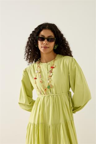 Mariposa Katlı Düğmeli Vual Elbise - Yeşil