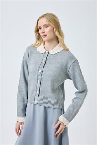 Marnie Bebe Yaka Örgü Düğmeli Hırka - Gri 