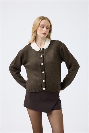 Marnie Bebe Yaka Örgü Düğmeli Hırka - Kahve 