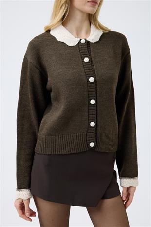 Marnie Bebe Yaka Örgü Düğmeli Hırka - Kahve 