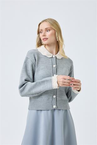 Marnie Bebe Yaka Örgü Düğmeli Hırka - Gri 