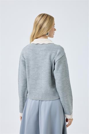 Marnie Bebe Yaka Örgü Düğmeli Hırka - Gri 