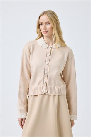 Marnie Bebe Yaka Örgü Düğmeli Hırka - Bej 
