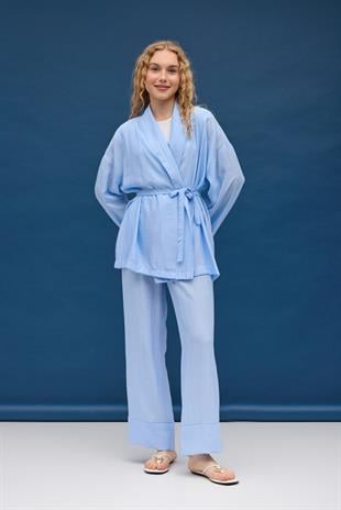 Matilda Kuşaklı Kimono Takım - Bebe mavi