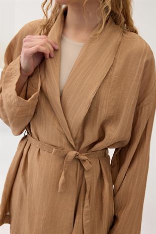 Matilda Kuşaklı Kimono Takım - Camel