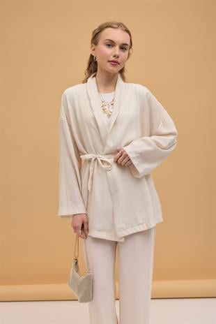 Matilda  Kuşaklı Kimono Takım - Krem