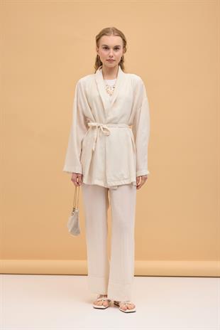 Matilda  Kuşaklı Kimono Takım - Krem