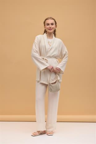 Matilda  Kuşaklı Kimono Takım - Krem