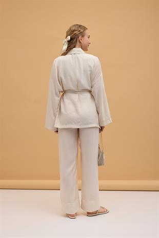 Matilda  Kuşaklı Kimono Takım - Krem