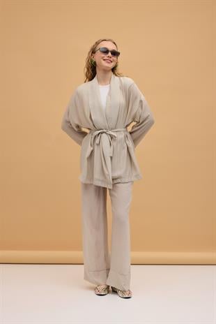 Matilda Kuşaklı Kimono Takım - Taş